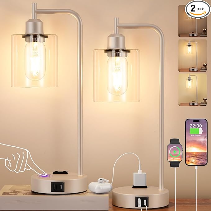Industrial Touch Table Lamps for Bedrooms Set of 2 - 3-Way Dimmable Lamps with USB C+A Ports and Outlet, Champagne Gold Bedside Lamps with Clear Glass Shade for Living Room, Desk Lamps for Home Office