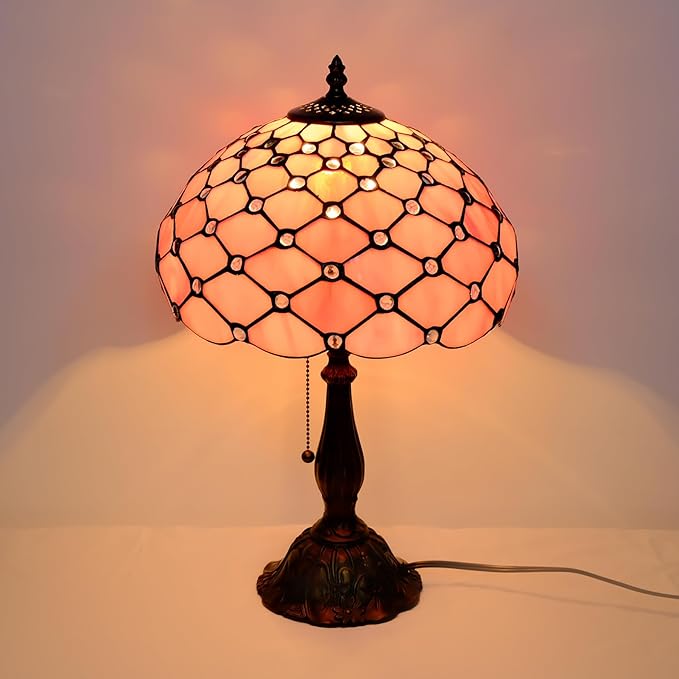 Tiffany Lamp Vintage Pink Stained Glass Bead Table Lamp Desk Bedside Reading Light Decor Bedroom Living Room Home Office D12*H18 Inches