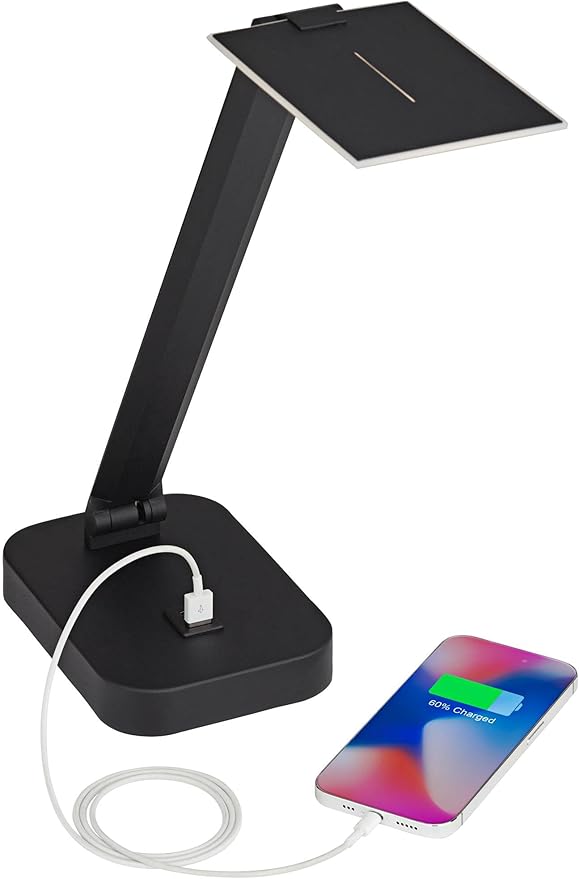 Possini Euro Design Rayven 22" High Single Modern Metal Desk Lamp Adjustable Height LED USB Port Black Finish Family Office Living Room Charging Bedroom Bedside Nightstand House Reading