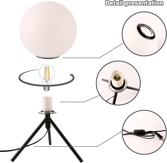 Modern Globe Table Lamp Milk White Glass Table Lamp Small Bedside Lamp Nightstand Lamp with Black Tripod Base Minimalist Ball Reading Desk Lamp for Bedrooom Living Room Office Study Room