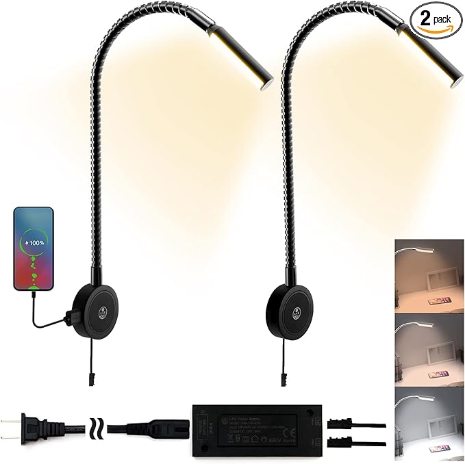 VST Books Lights for Headboard, Bedside Wall Mounted Reading Lamp, Reading Light Touch to Adjust Color Temp (3000K/4000K/6000K) and Brightness, USB/Type-C Charging Ports, 20W Driver, ETL-Listed