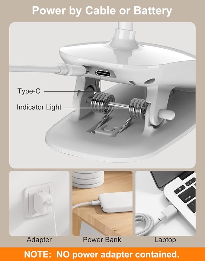 Desk Lamp, Table Lamp 1500mAh Dimmable Reading Lamp with Clamp and Type-C Charging Port, Desk Light for Home Office Reading Working Studying Gooseneck Adjustable Flexible - White