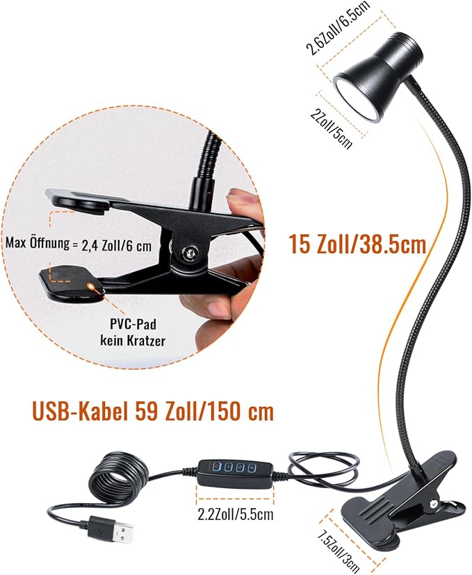 Clip Desk Lamp, USB Reading Light, Flexible Neck Led Clamp Light with 3 Color Temperature Options, 10 Dimmable Brightness Levels for Working, Studying (8W)
