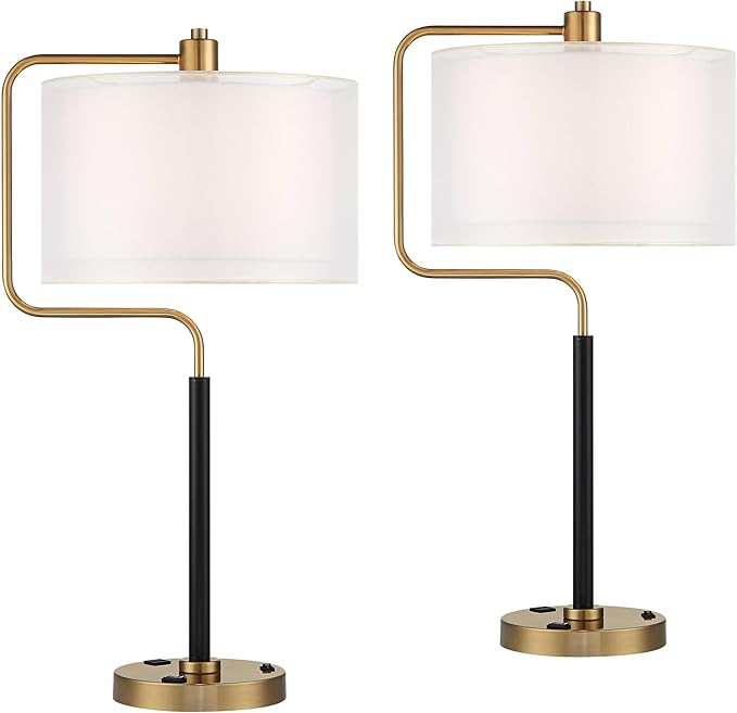 Possini Euro Design Carlyle 30 1/2" Tall Large Mid Century Modern Glam Luxe Desk Lamps Set of 2 USB Port Smart Socket AC Power Outlet Black Gold Metal Shade Home Office Living Room Charging