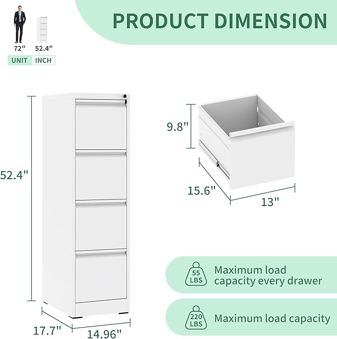File Cabinet, Vertical File Cabinets with Lock for Home Office,Heavy Duty Office Steel Filing Cabinet for Hanging Letters/Legal/A4, Assembly Required (White, 4 Drawers)