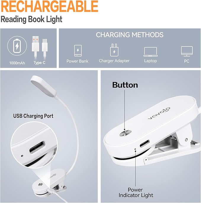 VAVOFO Rechargeable Book Light, 14 LEDs Eye Care Clip On Amber Reading Light for Bookworms Reading in Bed with 9 Colors 9 Brightness (White)