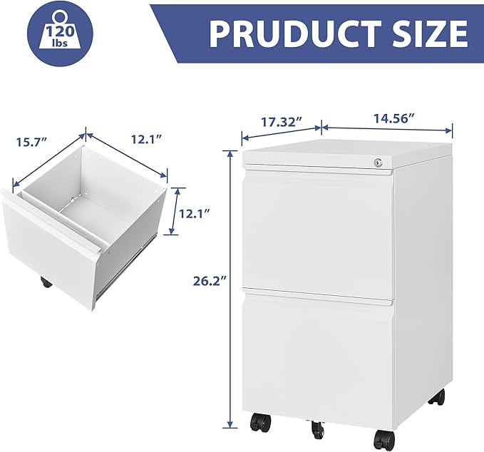 Rolling File Cabinet with Lock, 2 Drawer Metal Mobile Office Filing Cabinet Under Desk for Legal/Letter Size(Assembly Required)