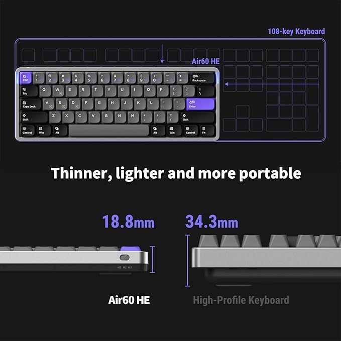 nuphy Air60 HE Wired Magnetic Gaming Keyboard,61 Keys Rapid Trigger,60% Compact,Actuation Point Adjustable, 8K Hz Polling Rate,Hall Effect Keyboard Low-Profile Magnetic Jade Switch