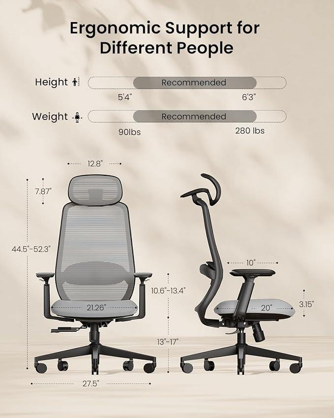 ProtoArc Ergonomic Office Chair – EC200 High-Back Mesh Computer Chair with Lumbar Support, 3D Adjustable Headrest & Sliding Seat for 8+ Hour Comfort, Big & Tall Home Office Desk Chairs - Gray