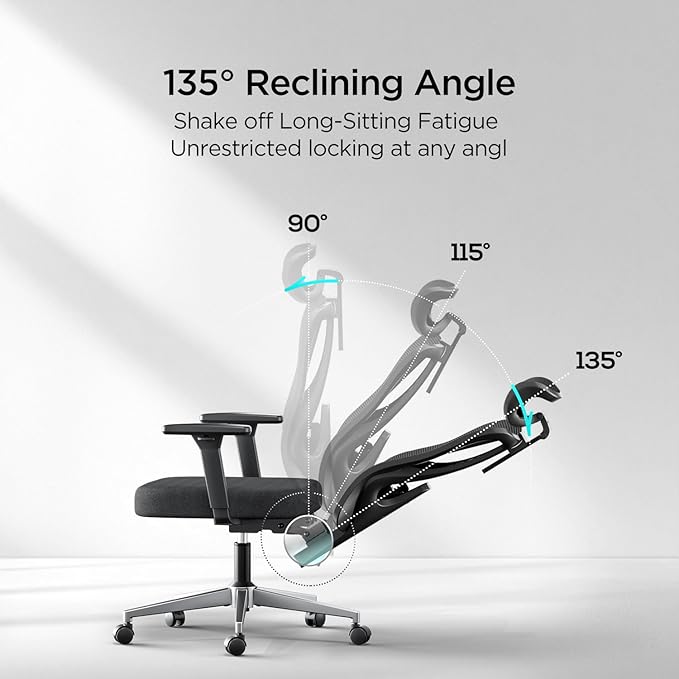 Hbada P3 Pro Ergonomic Office Chair with 2D Adjustable Lumbar Support, Office Desk Chair with 3D Adjustable Headrest and Armrests, 135° Stepless Tilt Function, Black(No Footrest)