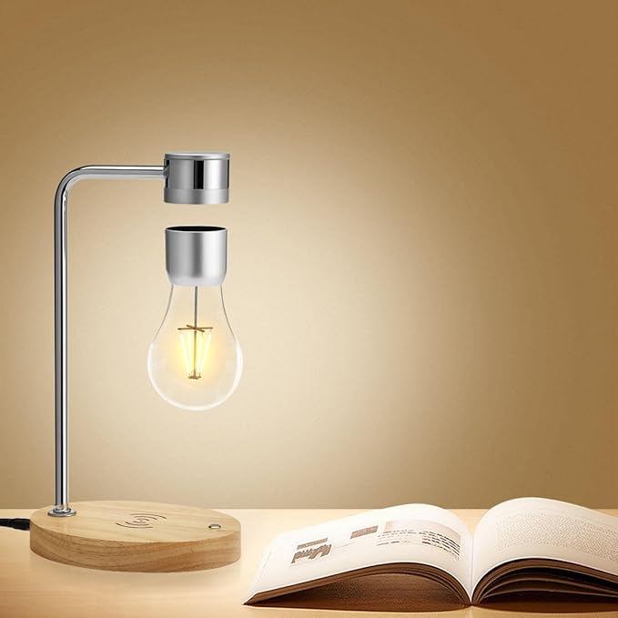 Magnetic Levitating Light Bulb Lamp, Floating LED Bulb Desk Lamp with Wireless Charger, Rotating Levitating Bulb Night Lights for Room Office Decoration (Silver)