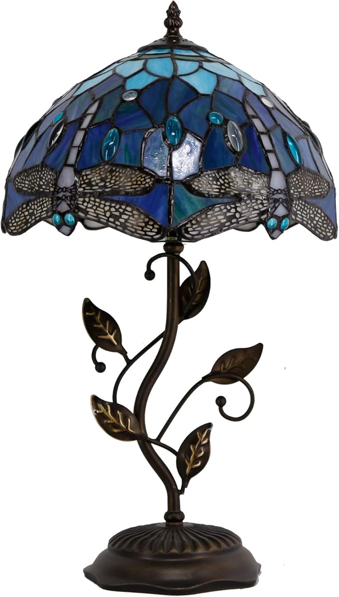 Tiffany Lamp Blue Dragonfly Style Stained Glass Table Lamp Desk Bedside Reading Light 12X12X19 Inches with Metal Leaf Base Decor Bedroom Living Room