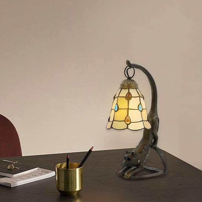 Tiffany Style Table Lamp, Stained Glass Bedside Nightstand Lamps with Cat Base, Vintage Antique Small Desk Light for Bedroom Living Room Home Office Reading Decoration, 5.9x15.74in (Style 2)