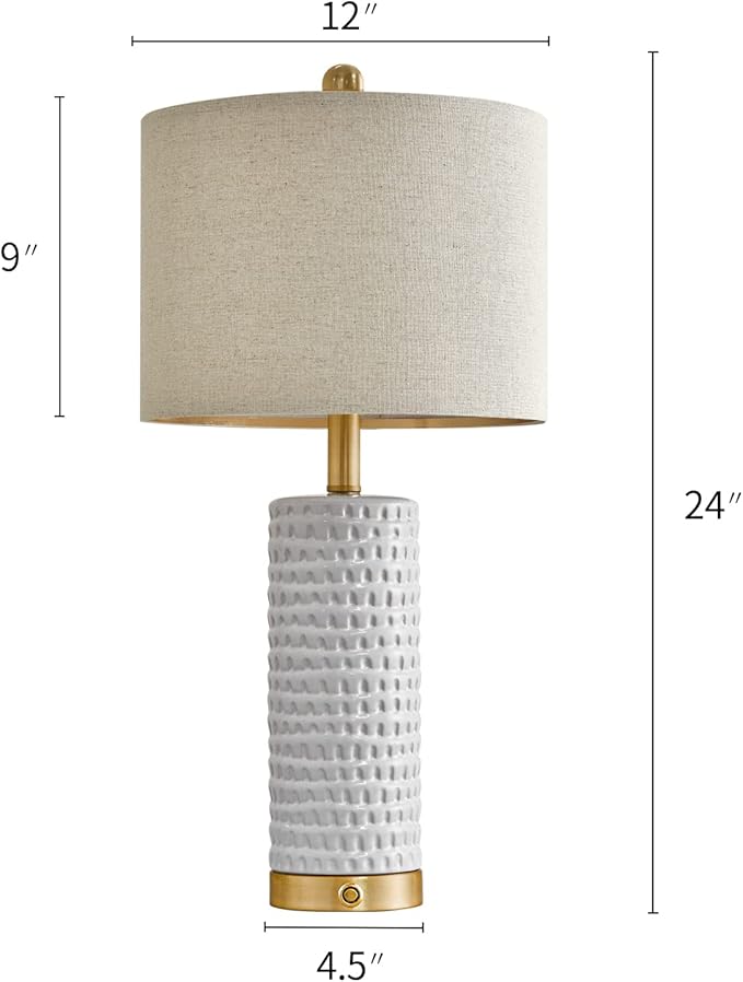 PORTRES 24" Farmhouse 3-Way Dimmable Touch Ceramic Table Lamp Set of 2 for Bedroom White Bedside Lamps with USB A+C Charging Ports for Living Room Nightstand Lamp End Table Lamps