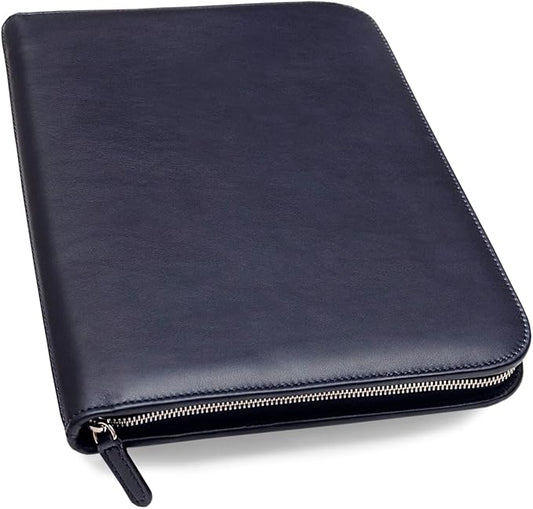 Maruse Premium Leather Portfolio Padfolio - Executive Folio for Men and Women with Zipper, Folio Document Organizer, Laptop Sleeve, iPad Case and Folder - Made in Italy, Navy Blue