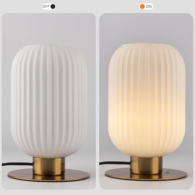 Mid Century Modern Bedside Lamp Set of 2, White Nightstand Lamp Glass Bedside Lamp with Round Metal Base, Vintage Gold Table Lamp Small Table Lamp for Bedroom Living Room Office
