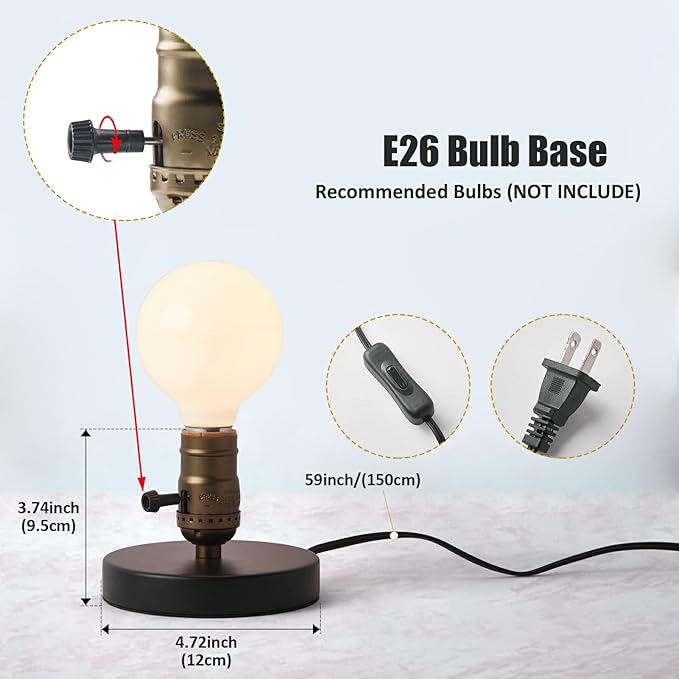 OuXean Vintage Table Lamp, Industrial Desk Lamp Small Retro Bedside Lamp with ON/Off Switch E26 Lamp Holder for Home Lighting Decor, Cafe Bar, Studio Antique Decor(Without Bulb)