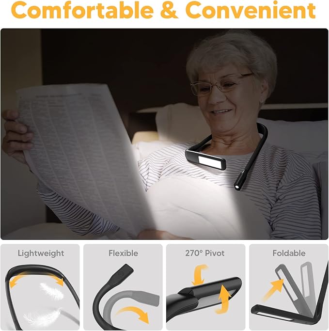 Neck Reading Light Book Lovers Gifts, Rechargeable 2000mAh 10-80Hrs Eye-friendly Wide Lamp Book Light, Birthday Christmas Stocking Stuffers for Men Women Readers, Camping Knitting Crochet Accessories