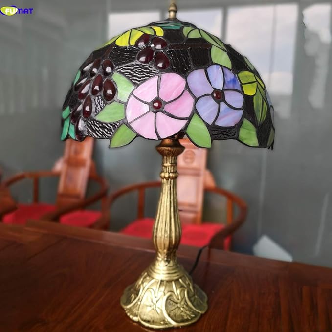 Tiffany Table Lamp Hand-Made Grape Rose Stained Glass Table Lamps Bedside Nightstand Lamp for Bedroom, Living Room, Home Office Desk Lamp,Home Deco Art,W/LED E26 Bulb,12X12X18Inch