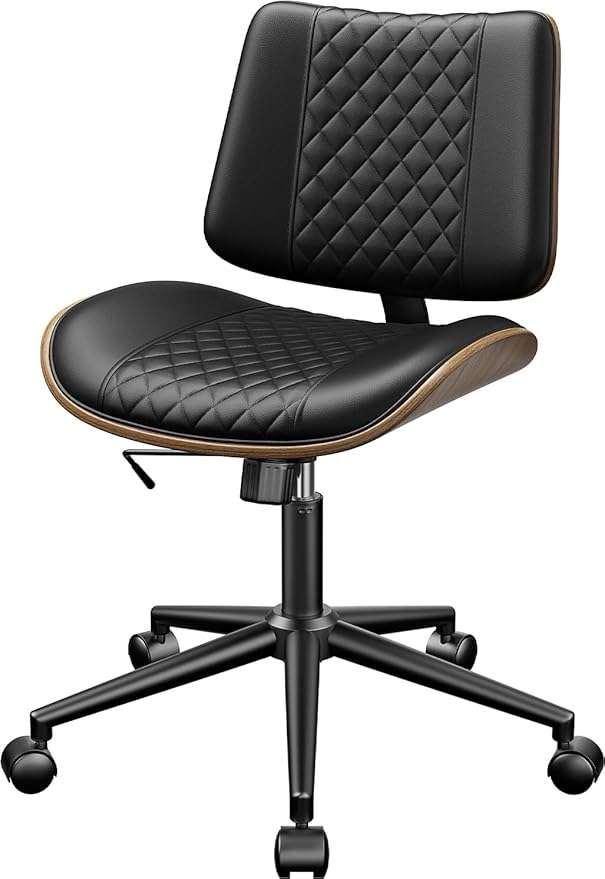Home Office Chair with Wheels, Armless Desk Chair Adjustable Height with Lumbar Support, Swivel Rolling, Modern Walnut Backrest for Office, Small Space, Black, Lozenge Pattern