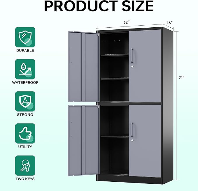 Letaya Metal Storage Cabinets with Lock Door and Shelves, Steel Garage Tool Cabinets for Home,Office, Warehouse,Lockers(71"-Black Gray)