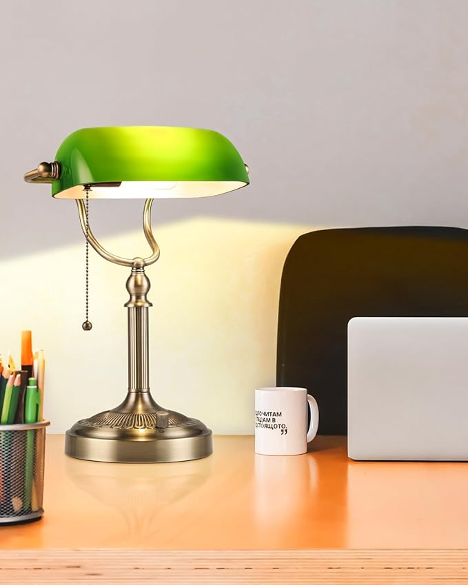 Newrays Green Glass Bankers Desk Lamp, Stepless Dimmable Table Lamp Plug in Fixture for Study, Office, LED Bulb Included