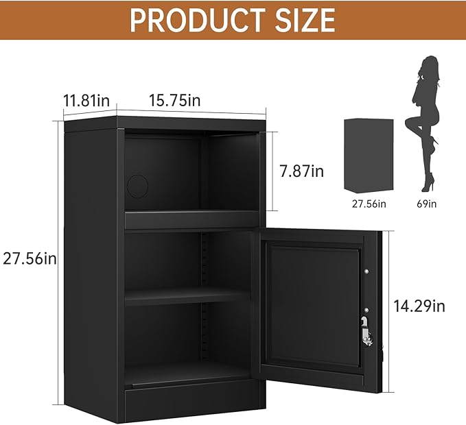 Metal Black Nightstand with Lockable, 27.56" Small End Table Storage Cabinet with Door and Adjustable Shelf, Versatile Side Table for Bedroom, Living Room or Office (Black)