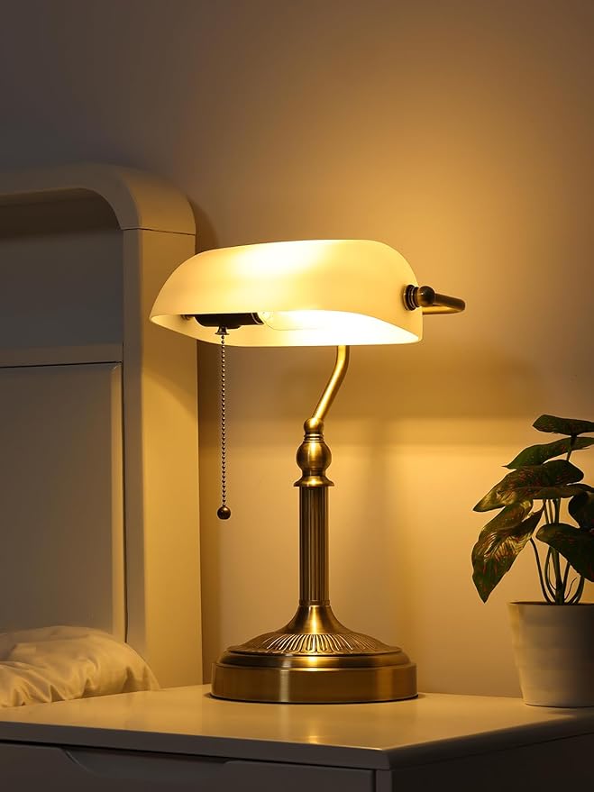 Newrays Traditional Glass Bankers Desk Lamp with Pull Chain Switch Plug in Fixture