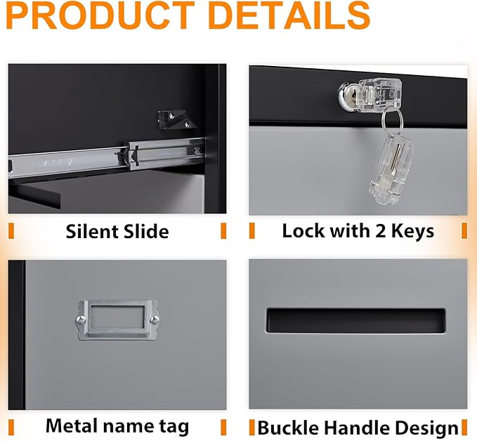 Lateral File Cabinet, Metal Filing Cabinet with Lock, 2 Drawer File Cabinets for Home Office, Office Cabinet for Hanging Files Letter/Legal/F4/A4, Assembly Required, Black Grey