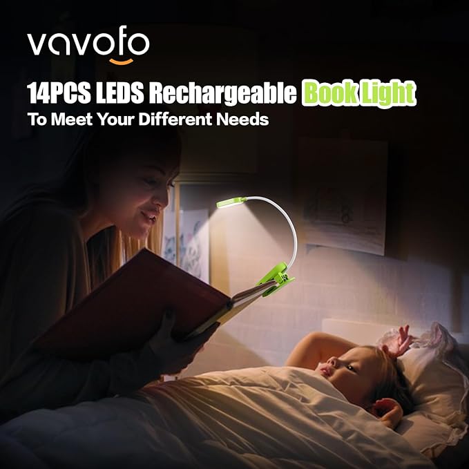 VAVOFO Rechargeable Book Light, 14 LEDs Eye Care Clip On Amber Reading Light for Bookworms Reading in Bed with 9 Colors 9 Brightness (Green)
