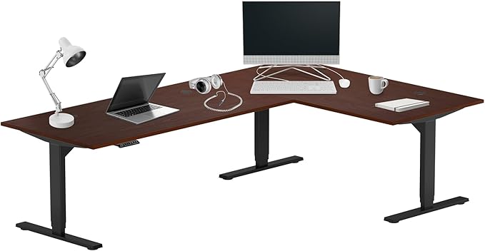 Progressive Desk Stand Up Height Adjustable Standing Desk - L Shaped 83" x 55" Corner Computer Rising Workstation Electric Table - Dark Cherry, Black Frame