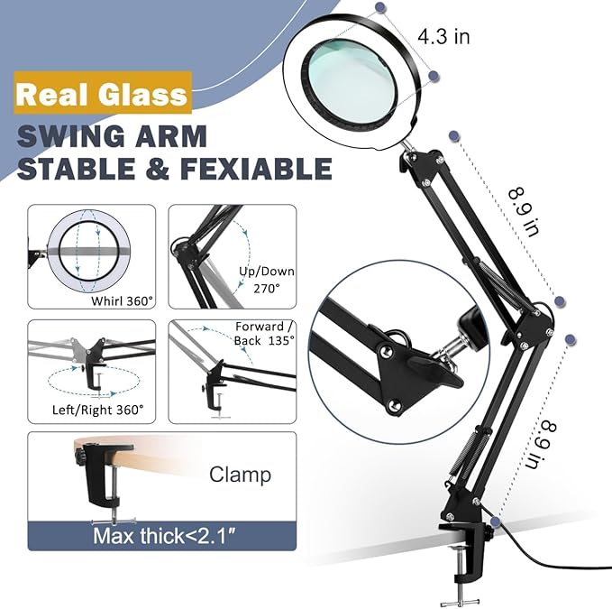 LANCOSC 10X Magnifying Glass with Light and Clamp, 5 Color Modes Stepless Dimmable Lighted Magnifier with Light, Adjustable Swing Arm LED Desk Lamp Hands Free for Close Work Crafts Repair Painting