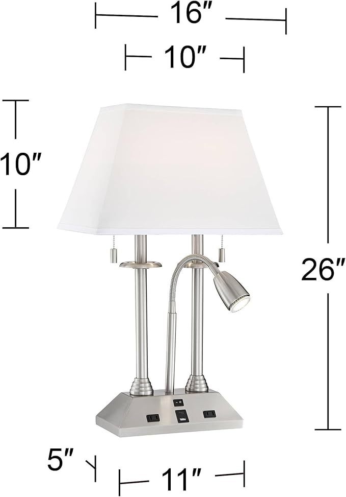 Possini Euro Design Dexter Modern Table Lamp 26" High with USB and AC Power Outlet in Base Brushed Nickel LED Reading Light White Linen Shade for Bedroom Living Room House Desk Bedside Nightstand