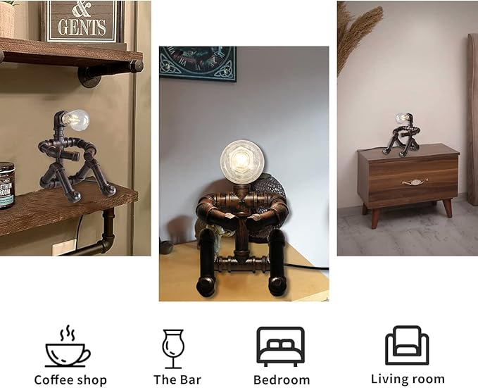 Water Pipe Table Lamp Robot Style- Retro Industrial Table Light- Antique Steampunk Metal Desk Lamp Bedside Lighting Fixture for Office, Reading Kids Room, Cafe Bar (Rust-Style C)