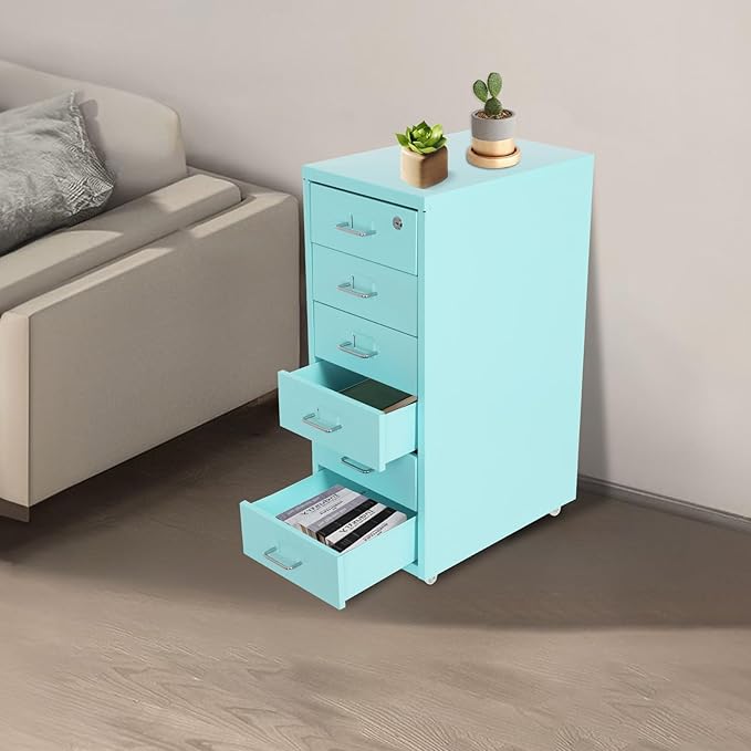TFCFL Mobile File Cabinet 6 Drawer Vertical File Cabinet with Wheels Metal File Cabinet with Lock for Home Office, 11" D x 16" W x 27" H (Blue)