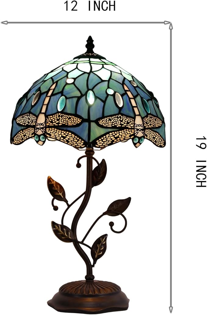 Tiffany Lamp Blue Dragonfly Style Stained Glass Table Lamp Desk Bedside Reading Light 12X12X19 Inches with Metal Leaf Base Decor Bedroom Living Room