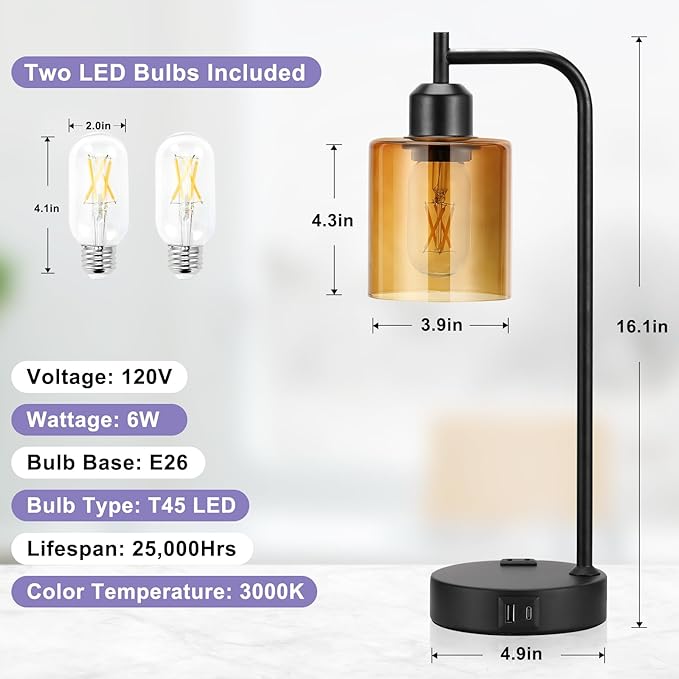 Industrial Touch Nightstand Lamps for Bedrooms Set of 2 - 3-Way Dimmable Table Lamps with USB C+A Ports and Outlet, Bedside Lamps with Amber Glass Shade for Living Room, Desk Lamps for Home Office