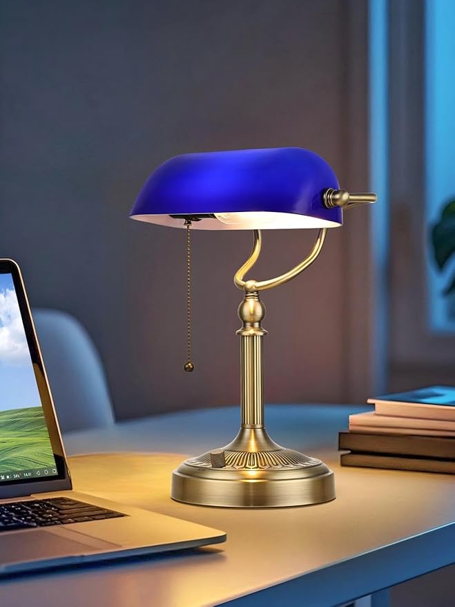 Newrays Blue Glass Bankers Desk Lamp, Stepless Dimmable Table Lamp Plug in Fixture for Study, Home Office, LED Bulb Included