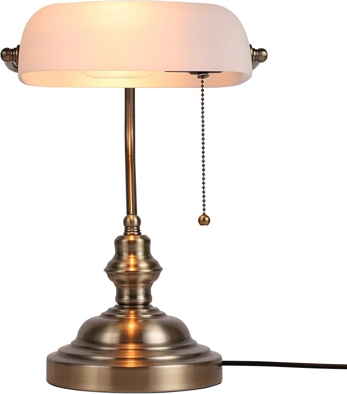Newrays White Matted Glass Bankers Desk Lamp with Pull Chain Switch Plug in Fixture