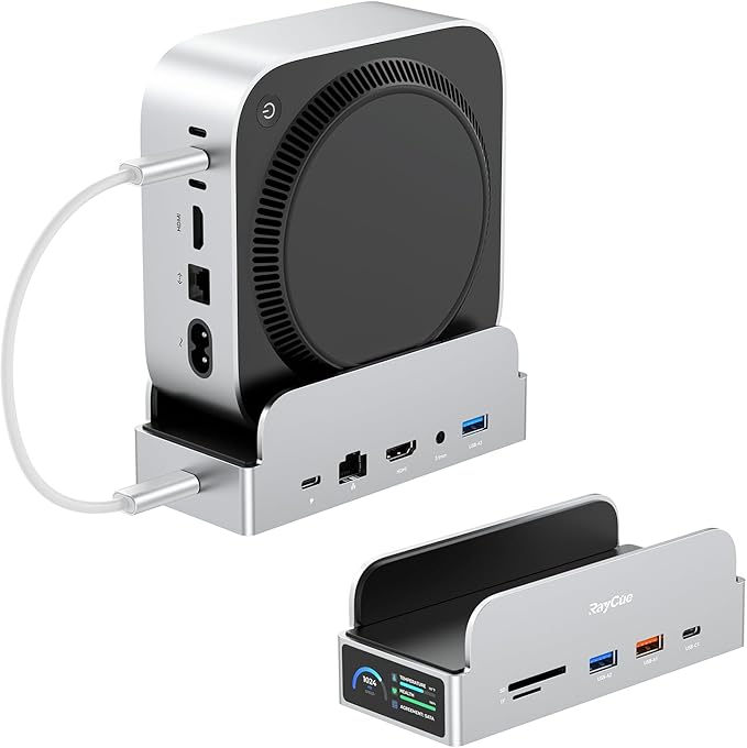 RayCue SmartDock Pro for Mac mini M4 Dock Stand with M.2 NVMe SSD Enclosure, 4K 60Hz HDMI, 10Gbps USB-C/A, Gigabit Ethernet, SD/TF Card Readers – Space-Saving Vertical Hub Compatible with Mac mini