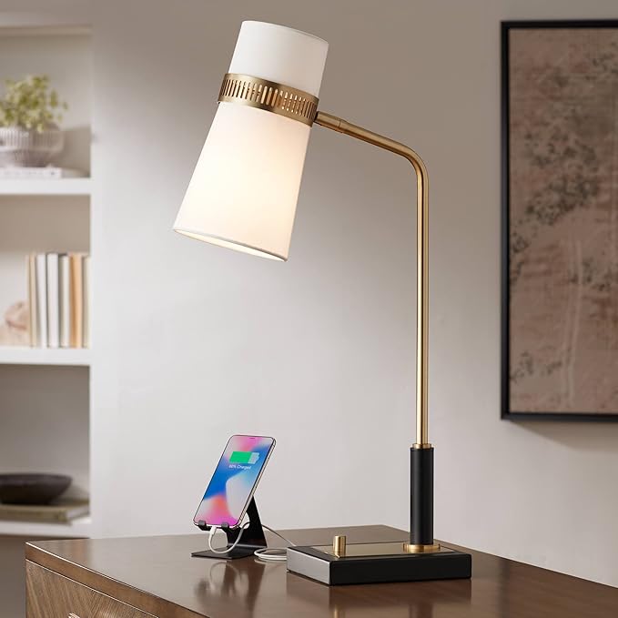 Possini Euro Design Cartwright Mid Century Modern Desk Table Lamp with USB Port 32" Tall Antique Brass Metal Linen Shade Decor for Living Room Bedroom House Bedside Nightstand Home Office Reading