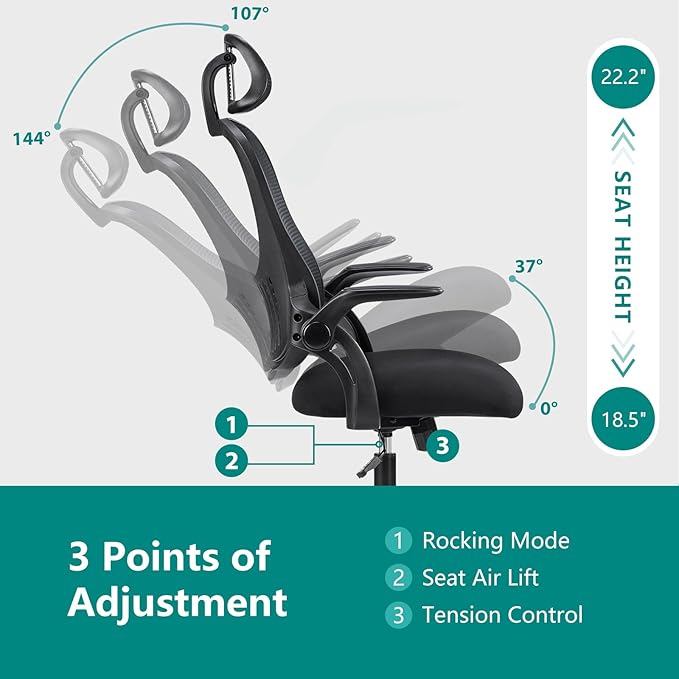 SMUG Office Chair Ergonomic Desk Lumbar Support, Computer Chairs Gaming Mesh with Wheels and Headrests, Flip-up Arm,Adjustable Position for Home, Work, Study, Black