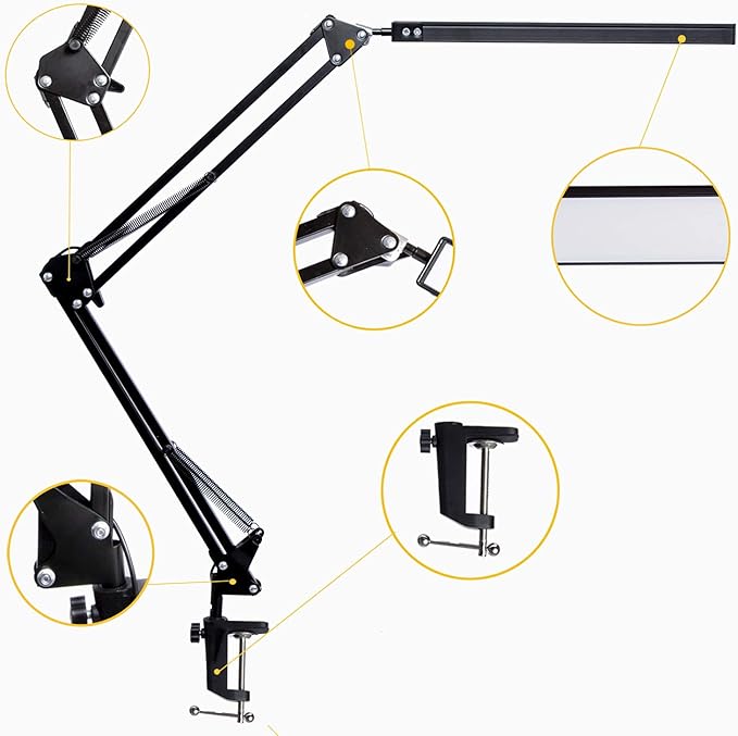 LED Desk Lamp, Adjustable Swing Arm Lamp with Clamp, Eye-Caring Reading Light, 10 Brightness Levels, 3 Lighting Modes, Memory Function Lamps for Home Office Adapter (Black)