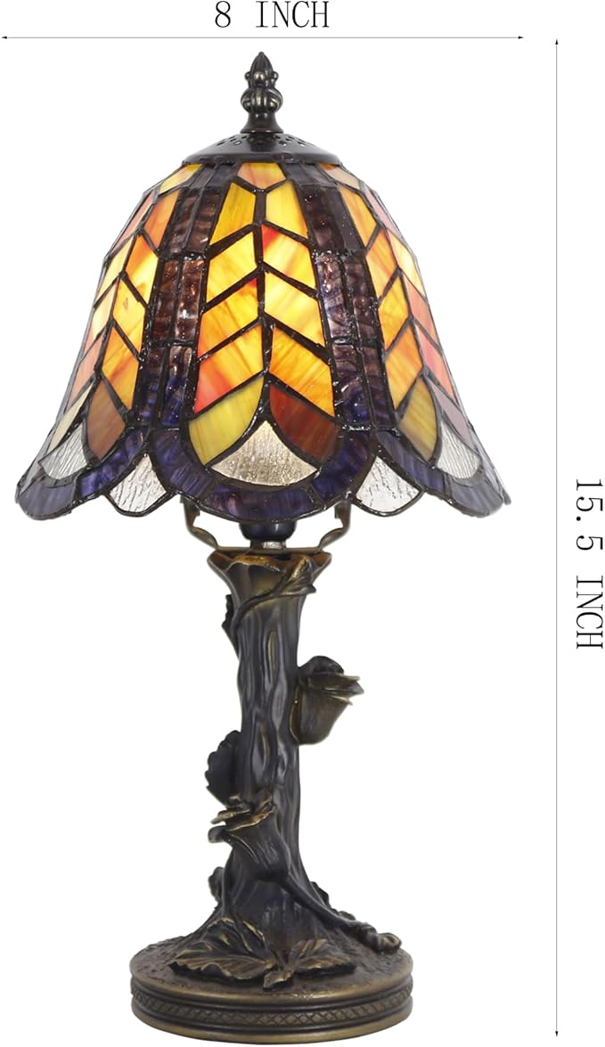 Small Tiffany Lamp Mini Purple Maple Leaf Stained Glass Table Lamp Desk Light 8X8X15.5 Inches with Resin Flower Bas