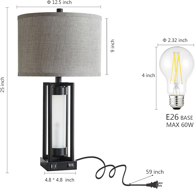 RORIANO Set of 2 Modern Table Lamp for Living Room with 2 USB Ports, Contemporary Nightstand Lamp with White Glass Night Light, Retro Desk Lamp for Bedroom Bedside, 4 Bulbs Included (Balck)
