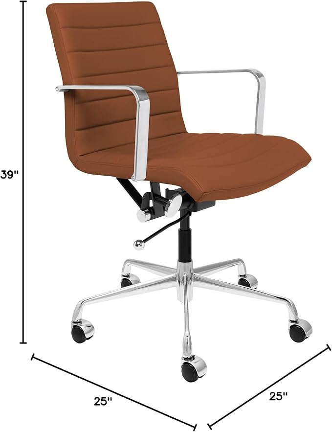 Laura Davidson Furniture SOHO II Ribbed Office Chair - Mid Back Desk Chair, Ergonomically Designed with Arm Rest & Swivel, Made of Faux Leather, Brown, Computer Chair