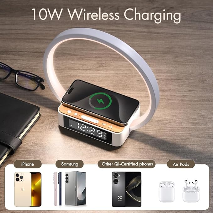 Wireless Charging Station with Alarm Clock,Bedside Lamp with Sunrise Wake-Up Light,Wireless Phone Charger,Touch Table Lamp with 3 Brightness Levels,Idea Gifts for Women,Men,Teens,Adults