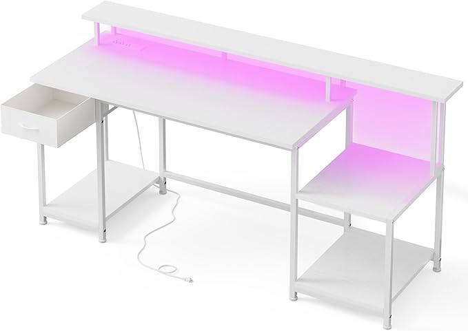 55" W Computer Desk, Office Desk with LED & Power Outlet, Gaming Desk with Printer Storage Shelves & Storage Drawer, Study Table with Monitor Shelf, Dorm Room Essentials, White