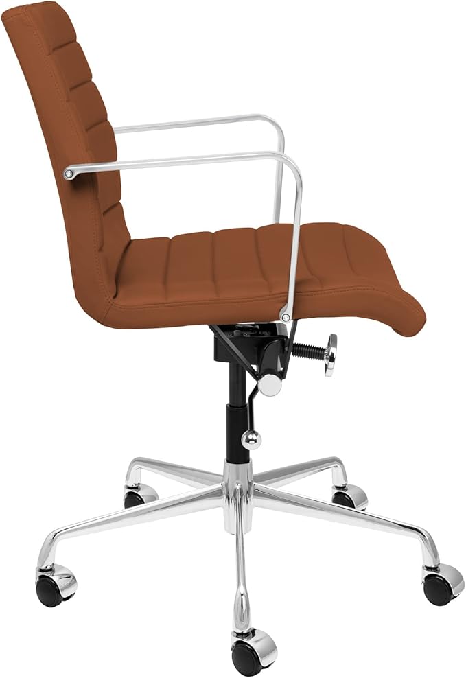 Laura Davidson Furniture SOHO II Ribbed Office Chair - Mid Back Desk Chair, Ergonomically Designed with Arm Rest & Swivel, Made of Faux Leather, Brown, Computer Chair