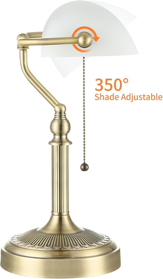Newrays Traditional Glass Bankers Desk Lamp with Pull Chain Switch Plug in Fixture